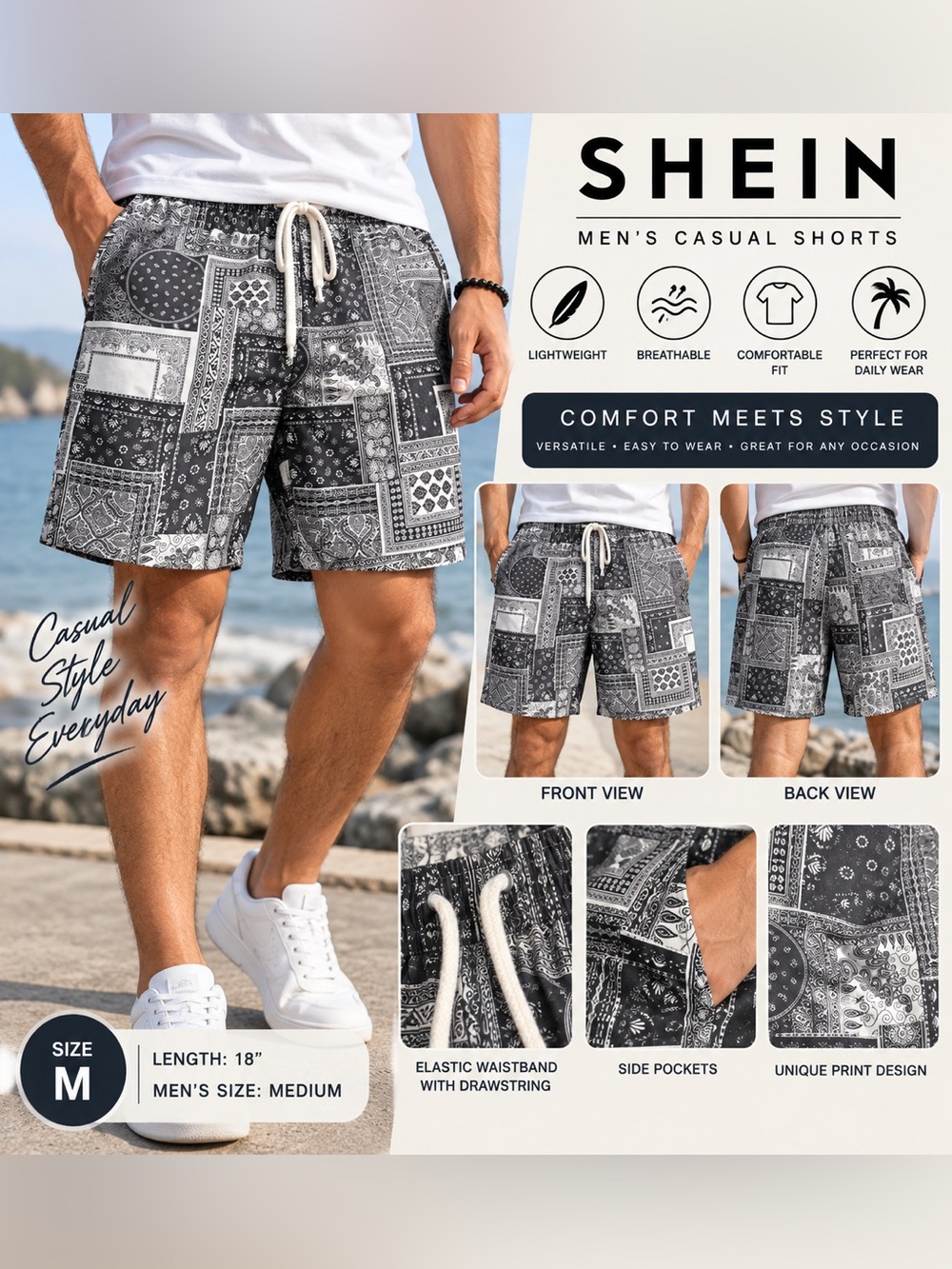 SHEIN Men’s Paisley Patchwork Beach Shorts Size M Black White Drawstring Pockets